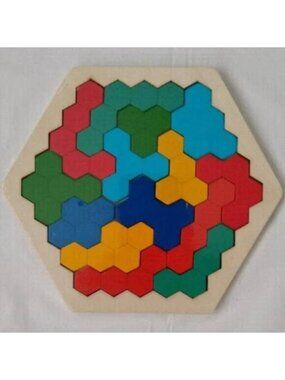 Wooden Geometry Puzzle Toy Hexagon Shape Game 14pc Kids Montessori Learning New